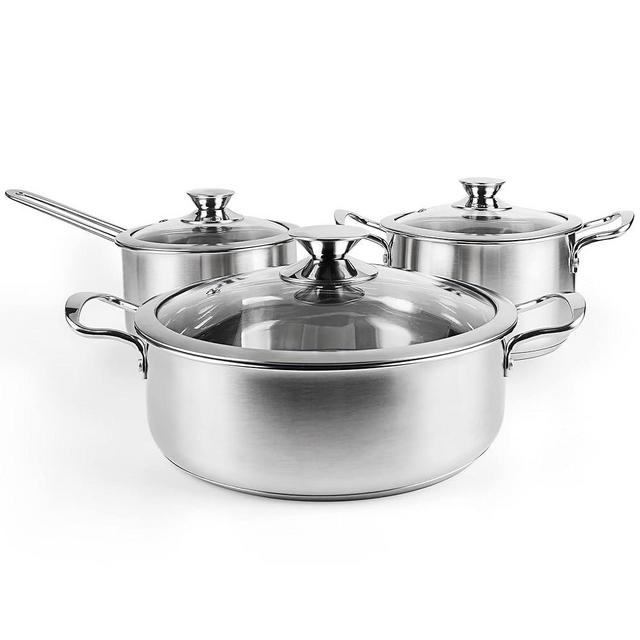 Stainless Steel Pot Set, 6 Piece Kitchen Induction Cookware Sets with Glass Lids, Stay Cool Handle, Works with Induction, Electric and Gas Cooktops, Oven Safe, Dishwasher