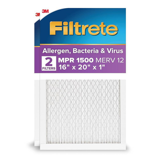 Filtrete 16x20x1 AC Furnace Air Filter, MERV 12, MPR 1500, CERTIFIED asthma & allergy friendly, 3 Month Pleated 1-Inch Electrostatic Air Cleaning Filter, 2-Pack (Actual Size 15.69x19.81x0.78 in)