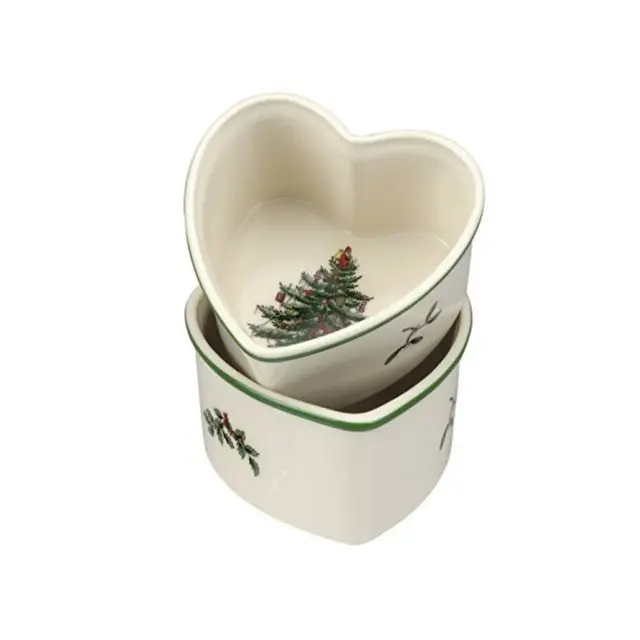 Spode Christmas Tree Set of 2 Heart Shaped Scalloped Ramekin, Made of Fine Earthenware