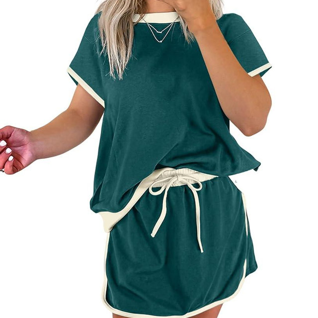 SELINK Lounge Sets for Women 2 Piece Skirt Colorblock Drop Shoulder T Shirt and Skort Set Summer Tracksuits