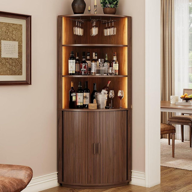 72" Tall Corner Bar Cabinet with LED Lights, Fluted Wine Bar Cabinet with Storage, Mid-century Modern Liquor Cabinets with Sliding Door & Wine Glass Holder, for Dining Room, Living Room Walnut
