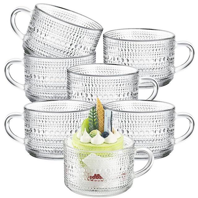 6 Pcs Vintage Coffee Mugs 14 oz Glass Stackable Tea Cups Clear Embossed Glass Cups Coffee Cup Vintage Glassware with Handle for Cappuccino Latte Cereal Yogurt Beverage Dessert Water (Dotted Style)
