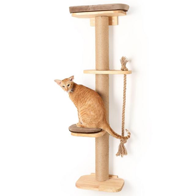FUKUMARU Cat Scratching Activity Tree Wall Mounted, 51" Cat Scratch Post for Large Cats, with Cat Bed, Rubber Wood Cat Scratcher Posts for Kittens, Large