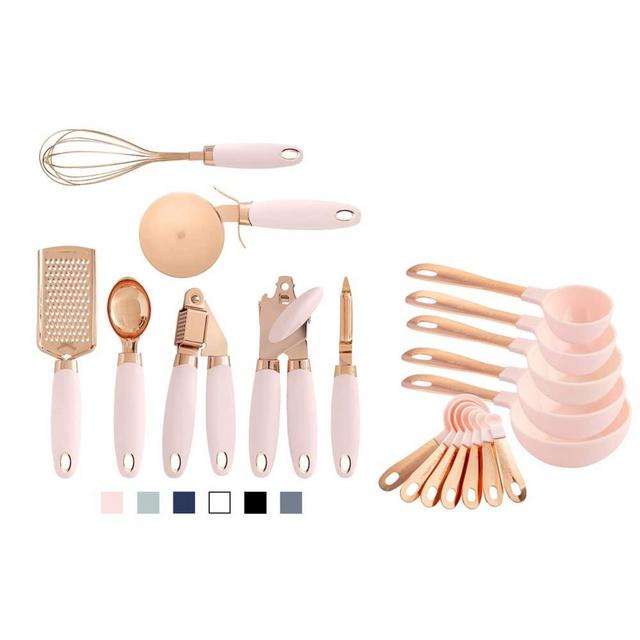 COOK With COLOR Kitchen Gadget and Measuring Cups and Spoons Bundle Copper Coated Stainless Steel Utensils (Pink)
