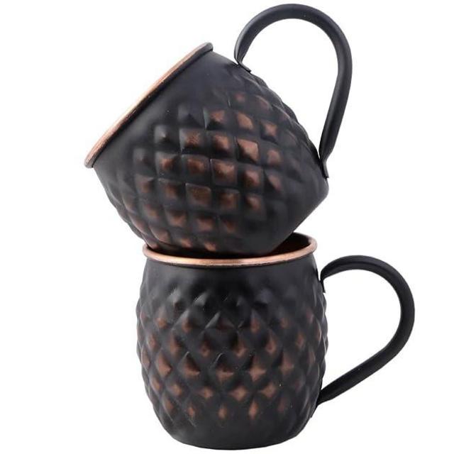 Staglife Black Matte Barrel Moscow Mule Copper Cups and Mugs, Diamond Moscow Mule Mug Cup with Rose Gold Copper Rims, Set of 2/16 Oz