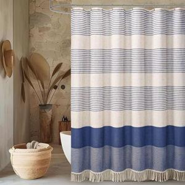 Awellife Farmhouse Shower Curtains for Bathroom,Boho Shower Curtain with Tassels,Blue Flax Striped Shower Curtain,Beige Linen Shower Curtain with Hooks,Rustic Shower Curtain 72x72 Inches Linen Flax Blue