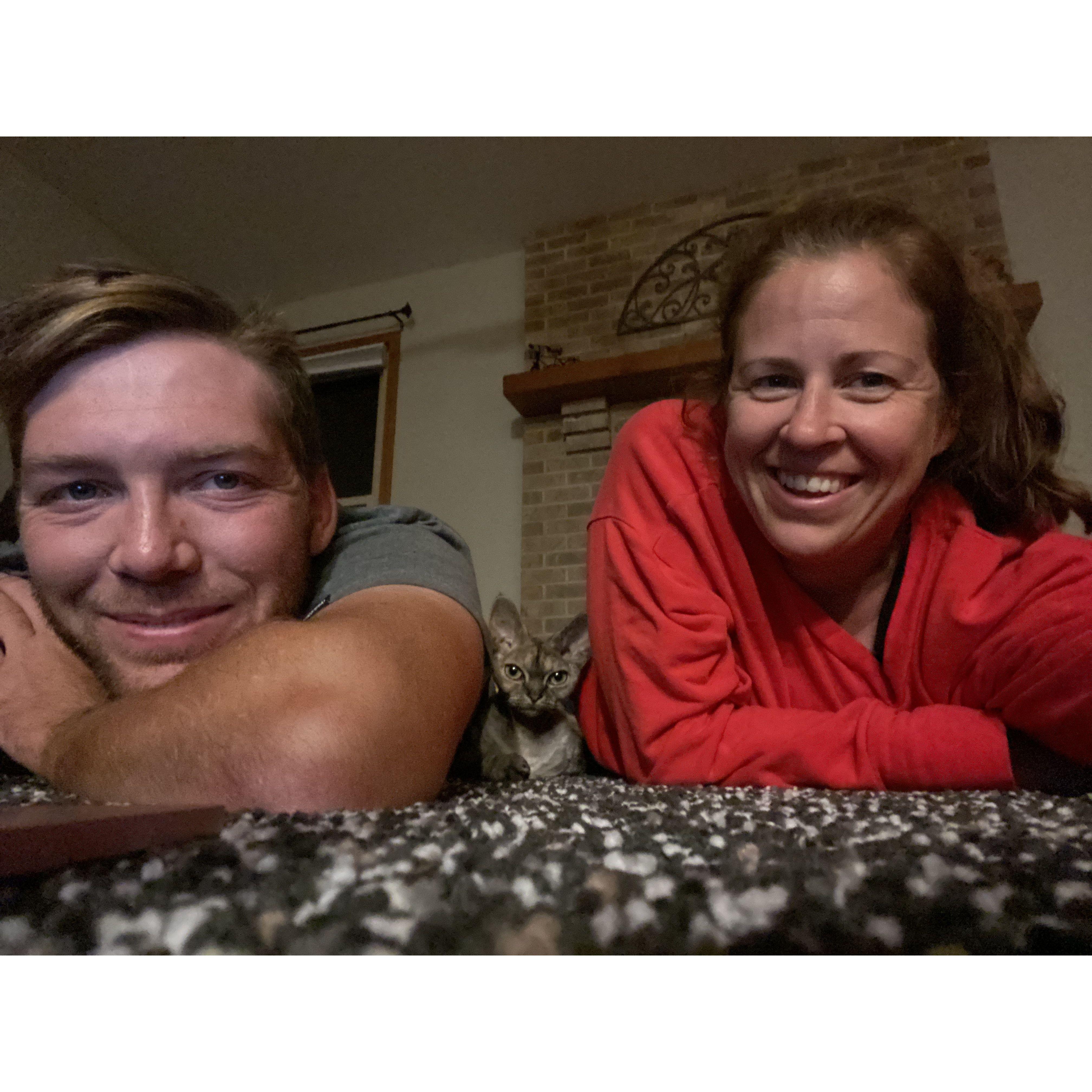 Hanging out at home with one of our 2 cats