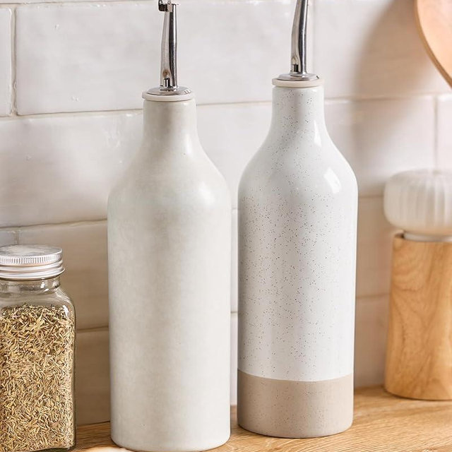 famiware Milkyway 16oz Ceramic Olive Oil Dispenser Bottle, Olive Oil and Vinegar Dispenser Bottle Set of 2 with Stainless Steel Pourers, for Storage Vinegar, Soy Sauce, Matte Beige White & White