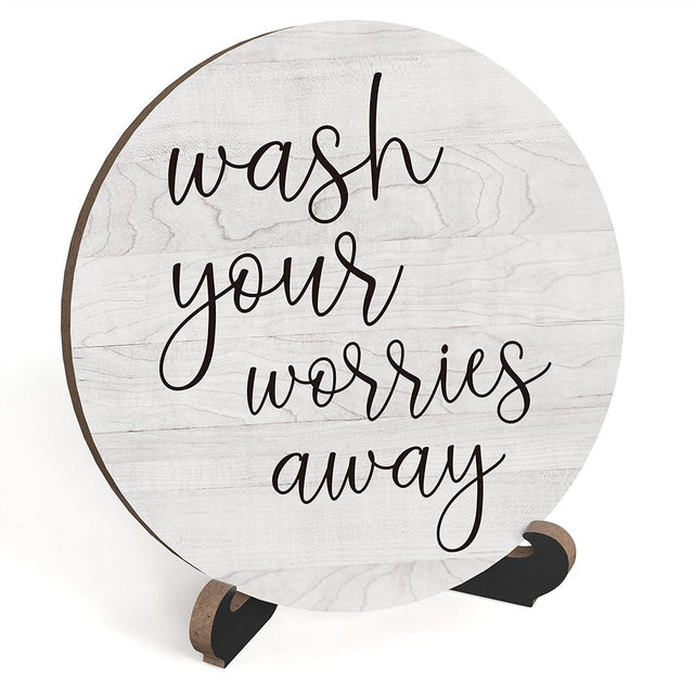 Rustic Funny Bathroom Quote, Round Sign With Stand, 'Wash Your Worries Away' For Shelf or Toilet, Farmhouse Home Decor Gift, A11