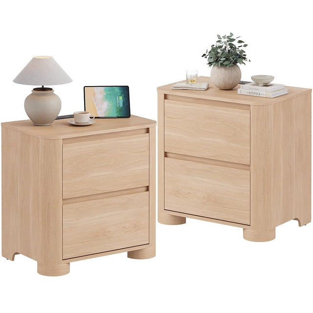 YANSNWO Nightstands Set of 2 with Charging Station, 23.6" Modern Night Stand with Unique Thickened Foot and 2 Storage Drawers, Bedside Table with Rounded Corner Design for Bedroom,Living Room, Natural