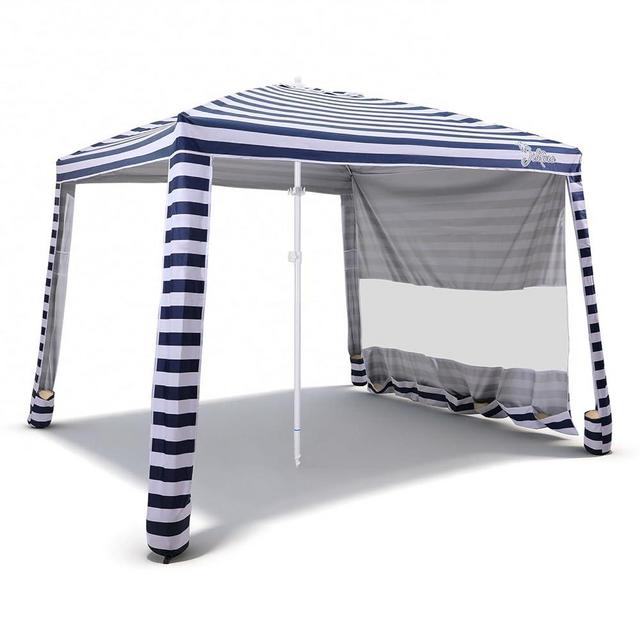 Jihfmo 8x8 Ft Large Beach Cabana Tent, UPF 100+ Windproof Sun Shelter for Family - 64 Sq Ft Big Shade Canopy with Sand Anchors & Cooling Silver Glue Coating, Easy Setup Portable Sunshade - Blue Stripe