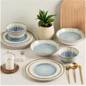 MissYip Melamine Dinnerware Set, 16 Piece for 4, Unbreakable Kitchen Plastic Plates and Bowls set, Indoor and Outdoor Use Tableware, BPA Free, Dishwasher Top Safe, Not Microwave, Not Oven(Blue)