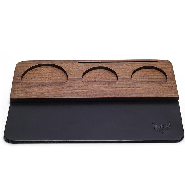 KNODOS 54mm Tamping Mat For Breville Espresso Machine Accessories Walnut & Leather Tamp Station Organizer with Multi-Slot Design for Espresso Tools Tamper, Distributor, Funnel & Puck Screens