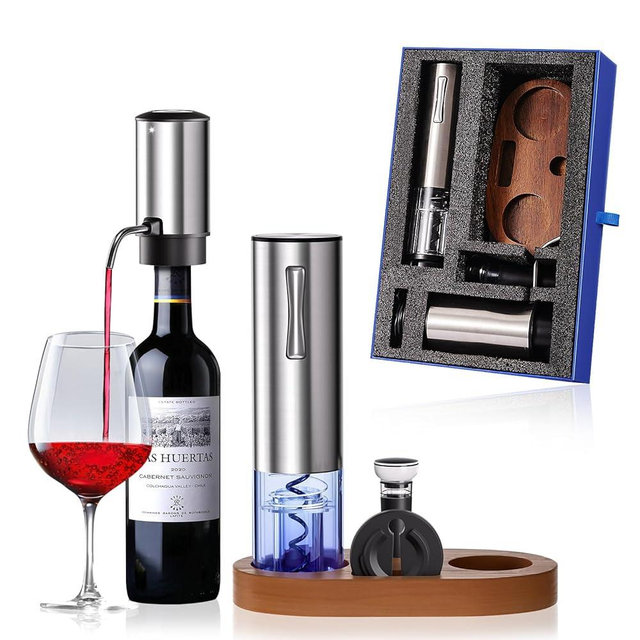 Electric Wine Opener 5-In-1 Gift Set, Rechargeable Wine Opener with Electric Wine Aerator, Foil Cutter, Wine Stopper and Wooden Base, Elegant Package, Ideal Wine Gifts for Wine Lovers, Stainless Steel
