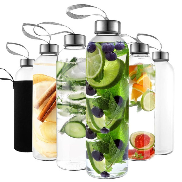 Kitchen Lux 18oz Glass Water Bottles – Pack of 6 Nylon Protective Sleeves, Airtight Screw Top Lids, Portable Carrying Loops - Lead, PVC and BPA Free - Water, Milk, Smoothie, Juice Beverage Glasses