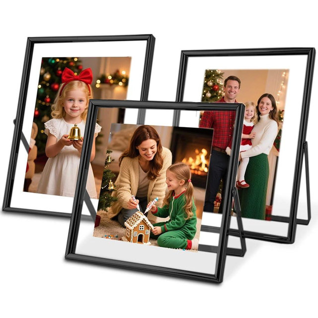 CROXXID Black Floating Picture Frames - Set of 3, for Photo Size 4×4, 4×6, 5×7, Vertical Tabletop Display, Double Glass Metal Frame for Wedding, Home or Office Desk Decoration (Black)
