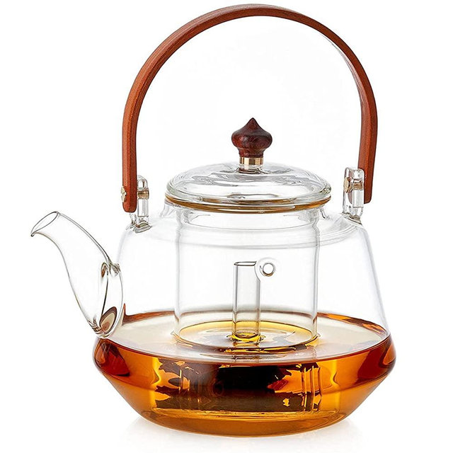 DOPUDO SUNDIAL Glass Teapot, Stove Top Safe, Borosilicate Glass Kettle with Removable Infuser, Heat Resistant Wood Handle for Blooming Flower Tea- 1250ml/ 42oz