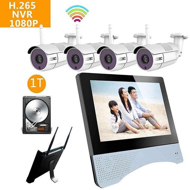 Home Security Camera System NVR kit Wireless Surveillance 4pcs Smart WiFi CCTV IP 1080P 2MP Night Vision Outdoor Video View Auto Pair (8ch NVR+Monitor+4pcs1080Pcamera+1TBhdd)