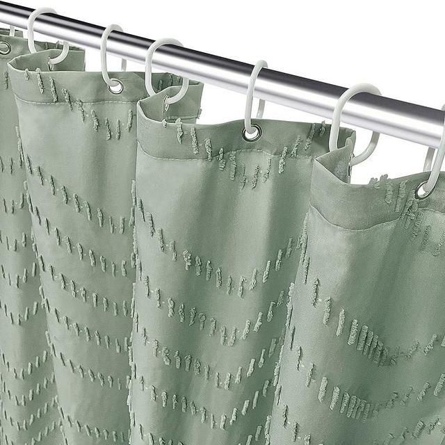 Siiluminisoy Extra Long Sage Green Boho Shower Curtain, Woven Fabric 84 in Shower Curtain, 72 x 84, Tufted Chevron Striped Modern Chic Textured Minimalist Bathroom Shower Curtain