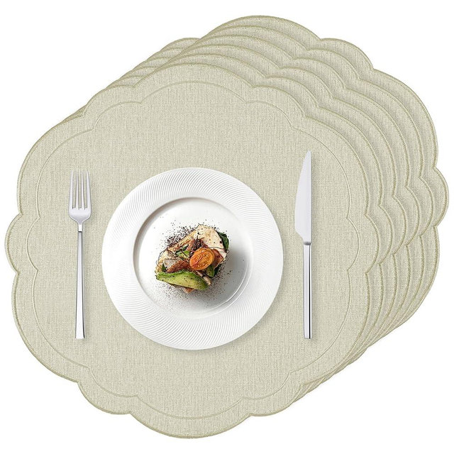 Set of 6 Beige Cotton Linen Placemats 15 Inch Embroidery Scalloped Placemats Pure Floral Table Mats Washable Fabric Table Mats for Wedding Baby Shower Tea Party Festival Spring Holiday Decor