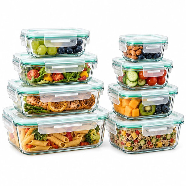 Melovom 8 Pack Glass Food Storage Containers with Lids, Airtight Glass Meal Prep Containers Set, Borosilicate Glass Food Storage Containers, BPA-Free Lids, Microwave, Oven, Freezer & Dishwasher Safe