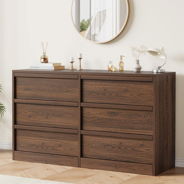 6 Drawer Dresser for Bedroom, Walnut 6 Chest of Drawers with Concave Handles, Modern Dresser Organizer for Bedroom Living Room Nursery Hallway