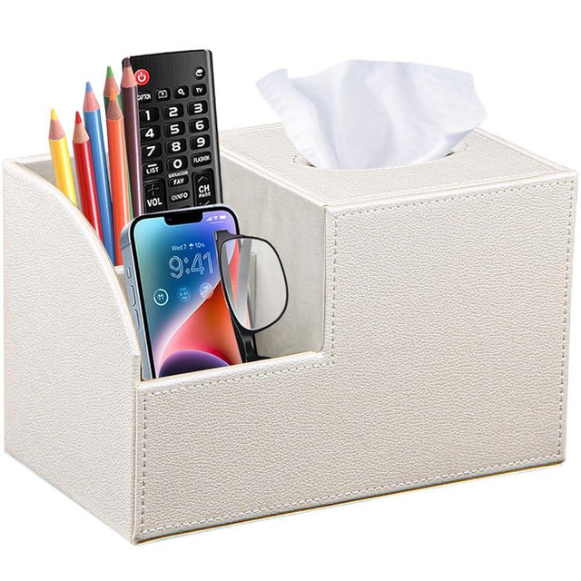 PU Leather Square Tissue Box Cover - Multi-Functional Tissue Box Holder, Tissue Box Cover with Storage,Tissue and Remote Control Holder, Cube Tissue Box Organizer Bedroom Nightstand End Table