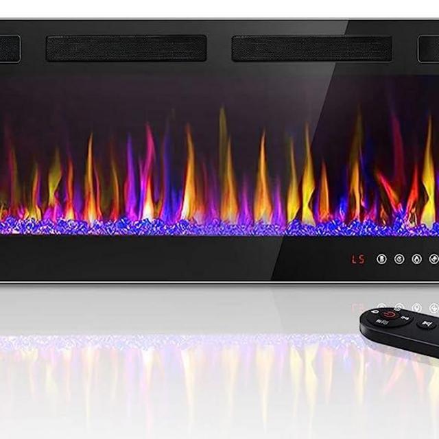 LEMBERI 50 inch Electric Fireplace Recessed and Wall Mounted,750/1500W Fireplace Heater and Linear Fireplace with Touch Screen Control Panel, Timer,Remote Control,Adjustable Flame Color and Speed