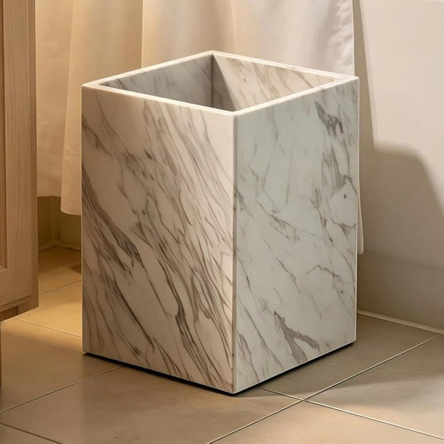 100% White Marble Bathroom Trash Can, 2.4 Gallon/9.2 Liter Small Trash Bin, Modern Natural Stone Garbage Can, Rectangular Waste Basket for Living Room, Bedroom, Office, Kitchen, Compact Space