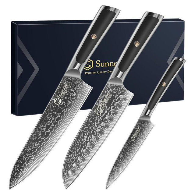 Sunnecko Damascus Kitchen Knife Set 3 Piece Chef Knife Set Professional, Sharp Kitchen Knives Set Full Tang, Gift Box