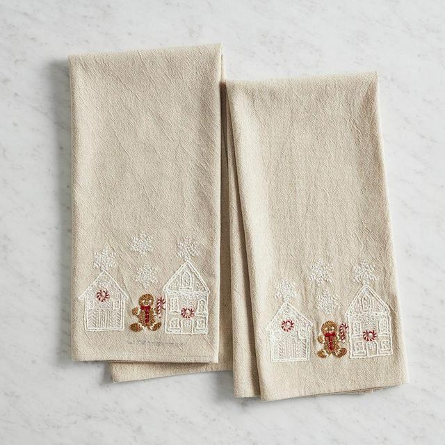 Gingerbread Village Embroidered Tea Towels, Set of 2 - Neutral