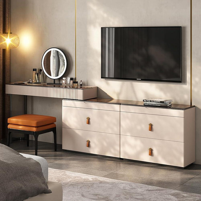 Lartis Makeup Vanity with Stool, Very Easy to Assemble,Retractable TV Cabinet Combination, Dressing Table Desk in one, Super Storage (Pale Pink, 2 Sub Cabinet)