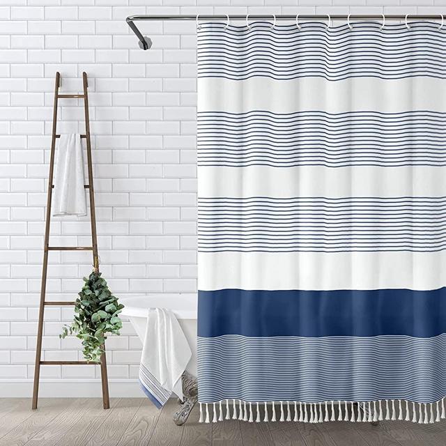 Awellife Navy Blue Shower Curtain for Bathroom Stripe Tassel Shower Curtain 72 X 72 Inches Farmhouse Linen