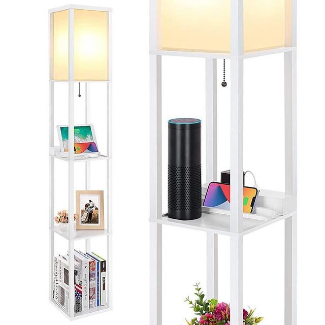 LED Shelf Floor Lamp, Modern Standing Lamp with 2 USB Ports and 1 Power Outlet, 3-Tiered Display Floor Lamps with Shelves for Living Room, Bedroom and Office - White