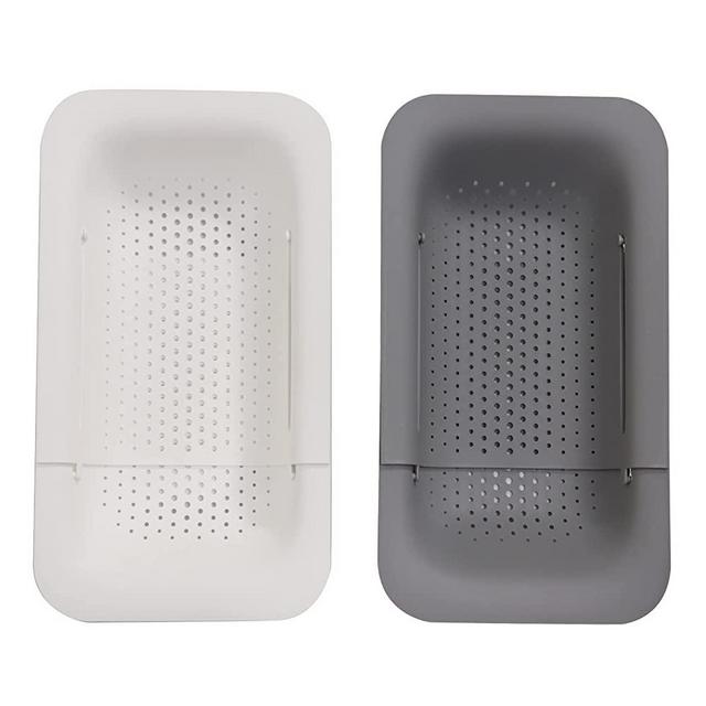 Collapsible Sink Colanders and Strainers Basket Extendable Plastic Fruit Vegetable Strainer Drainer Basket for Kitchen (Length 14.3 inch-19.4 inch) (Grey and white)