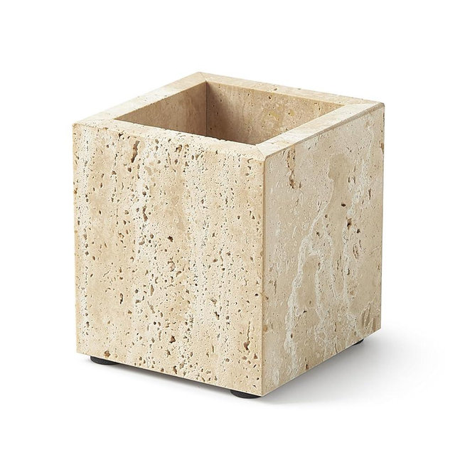 Real Natural Travertine Marble Toothbrush Holder & Pen Holder & Makeup Brush Holder & Utensil Holder, Genuine Stone Rectangular Bathroom Tumbler Cup, Durable Office & Home Countertop Organizer