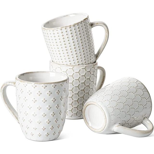 LE TAUCI Ceramic Espresso Coffee Cups, 7oz Stackable Cappuccino and Tea Cups Set, Embossment Stoneware Latte Mugs with Handle for 2 Shot, Macchiato, Milk, Juice, Iced Beverages, Set of 4, Arctic White