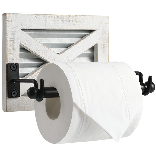 Farmhouse Toilet Paper Holder with Galvanized Metal& Black Metal - Rustic Weathered White Wood Wall Mount Toilet Roll Holder for Bathroom Decor