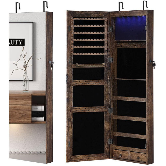 GISSAR Full Length Mirror Jewelry Cabinet, 6 LEDs Jewelry Armoire Wall Mounted Over The Door Hanging, Jewelry Organizer Storage with Lights Lockable , Vintage Brown