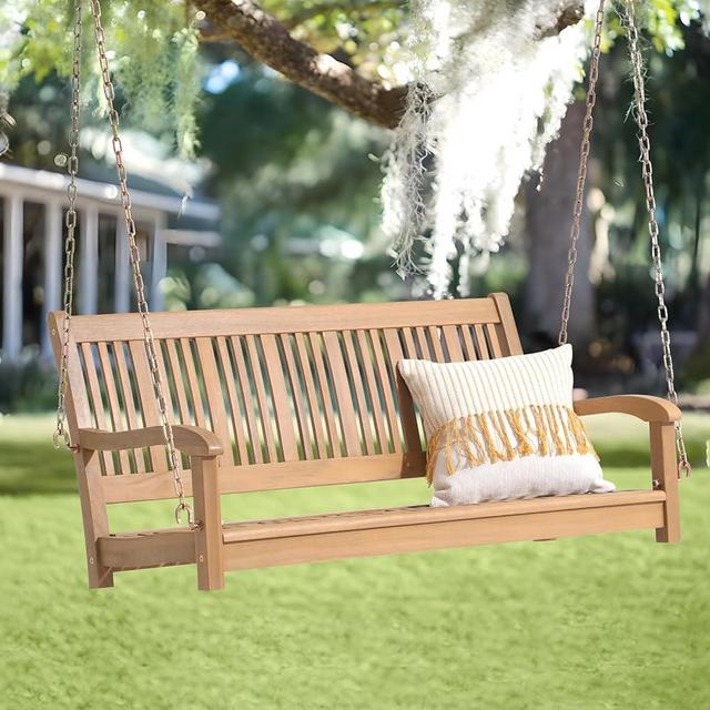 SUNSITT Outdoor Porch Swing Hanging Swing Chair Wooden Swing Bench with Hanging Chains Acacia Wood 2-Seater for Garden Backyard Deck