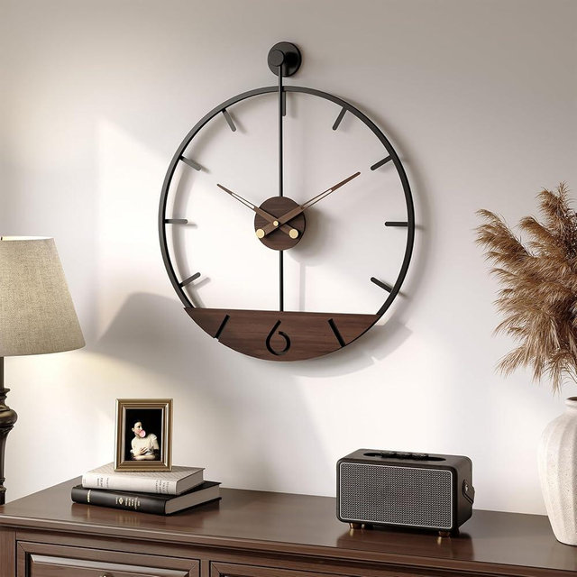 Cuspin 16 Inch Modern Wall Clock with Walnut Wood Dial, Silent Non-Ticking Battery Operated Metal Frame Clock Decorative for Living Room, Kitchen, Office, or Bedroom Wall Decor, Black and Brown