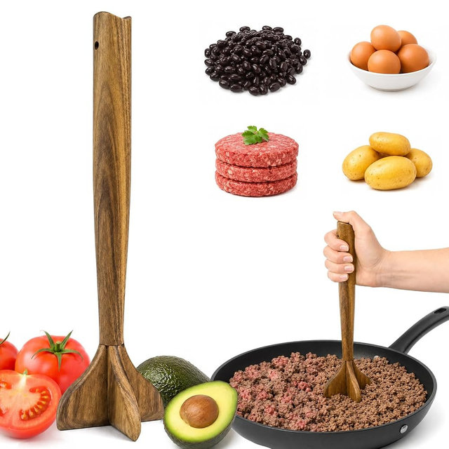 Wooden Meat Masher, Acacia Wood Meat Chopper for Ground Beef, 11 Inch Hamburger Smasher Tool, Manual Burger Potato Masher Kitchen Gadgets
