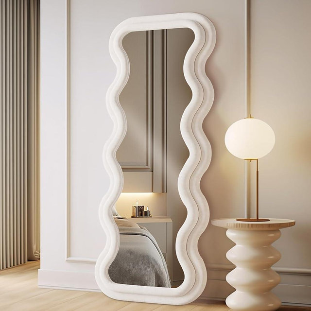 Anpark Irregular Wavy Full Length Mirror - 63"x24" Floor & Wall Mounted Mirror with Stand - Ivory Flannel Wrapped Wooden Frame for Living Room, Bedroom, Hallway