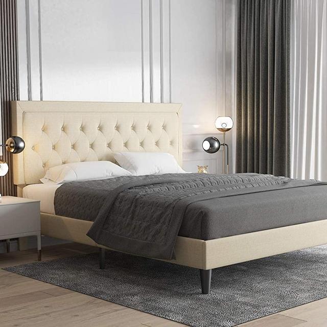 Allewie King Size Button Tufted Platform Bed Frame / Fabric Upholstered Bed Frame with Adjustable Headboard / Wood Slat Support / Mattress Foundation / Light Beige (King)