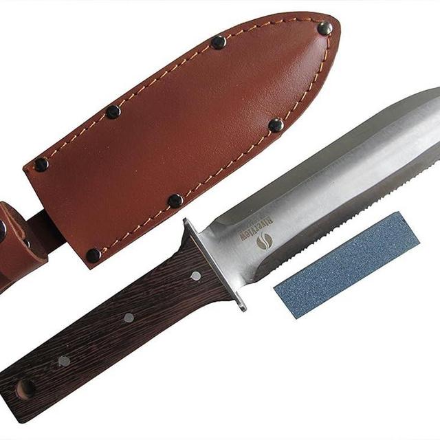 Hori Hori Japanese Garden Knife - Multi-use Camping/Digging Tool–[A Gardeners Dream] Sharp Stainless Steel Blade - Heavy Riveted Leather Sheath - Whetstone Sharpening Stone