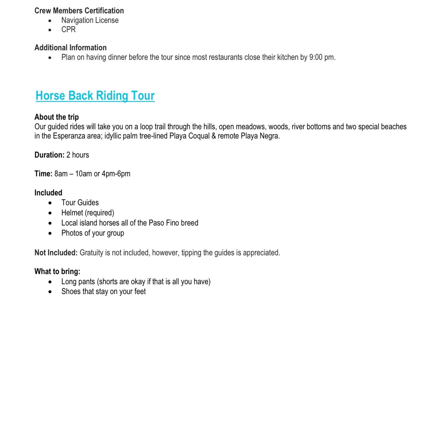 Continued detailed excursion information