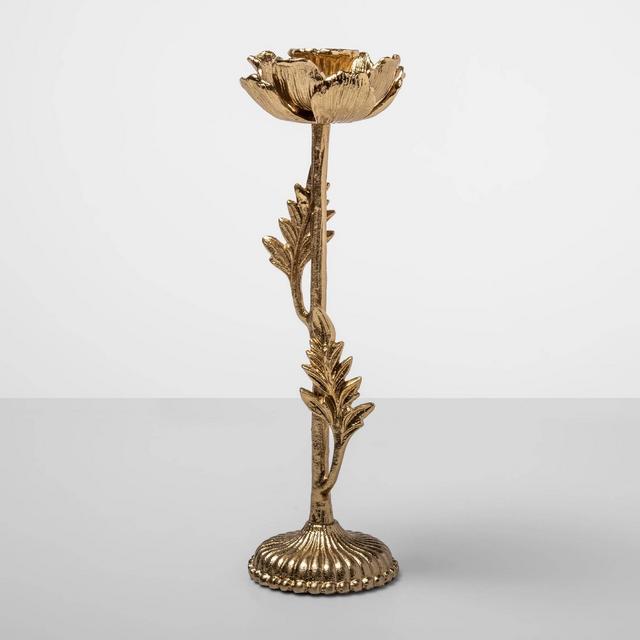 13" x 4.1" Cast Brass Floral Taper Candle Holder Gold - Opalhouse™
