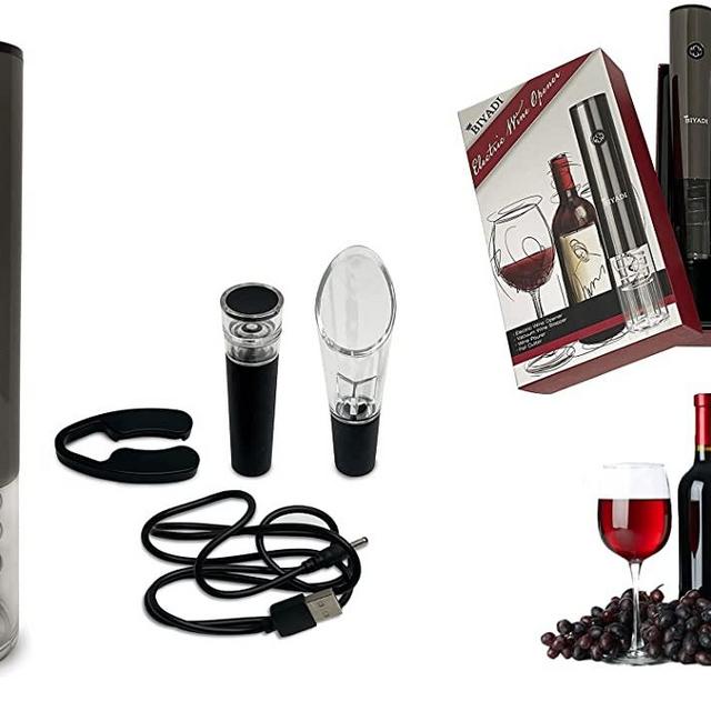 BIYADI Electric Wine Opener Set - Rechargeable Wine Bottle Opener - Automatic Electric Corkscrew Opener for Wine with Foil Cutter, Wine Pourer, Vacuum Stopper, and USB charger - Wine Lover Gift Set