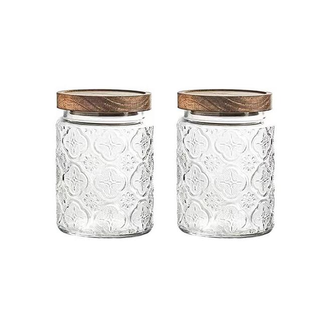 Vintage Glass Kitchen Storage Counter Jar, Kitchen and Pantry Glass Storage, with Airtight Wood Lid for Cookies, Candy, Coffee Tea Beans, Flour, Grains,Food Storage Containers (plum pattern)