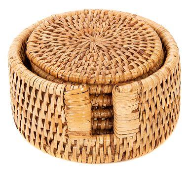 Tava Handwoven Rattan Round Coasters with Holder - Honey